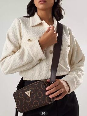GUESS Brown Logo-Print Belt Bag with Gold Accent